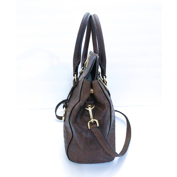 Michael Kors Astrid Mocha Ostrich Embossed Leather Large Satchel Bag - Picture 2 of 12